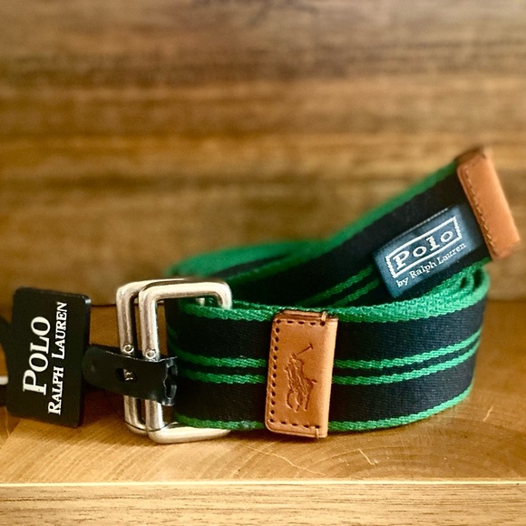 NWT HTF Polo by Ralph Lauren Dark Navy and Green Striped Canvas Belt Medium - Picture 1 of 3